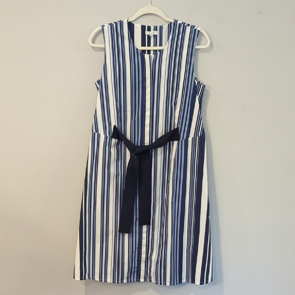 Poetry Dress A-Line Sleeveless 100% Cotton Blue Stripe Tie Belt size 10 - Picture 1 of 10